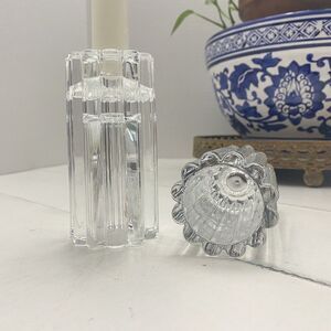 Vintage Pair Ribbed Crystal Glass 4.25" Taper Votive Reversible Candle Holders